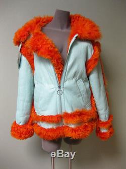 $3095 Marques'Almeida Coated Lt. Turquoise Leather Orange Shearling Fur Coat S