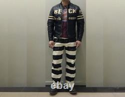 BOB DONG Prisoner Striped Motorcycle Pants Canvas Trousers Casual Biker Jeans