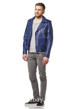 BRANDO Men Jacket Blue Slim Fit Biker Fashion Real Leather Perfecto Jacket SRMBF