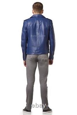 BRANDO Men Jacket Blue Slim Fit Biker Fashion Real Leather Perfecto Jacket SRMBF