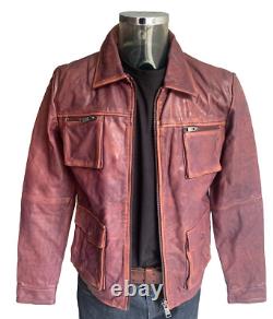 Burgundy burnished Real Leather Mens Motor cycle Jacket in Medium, Brand New