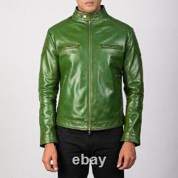 Custom Tailored Leather Jacket Men Biker Racer Lambskin Green Made to Measure