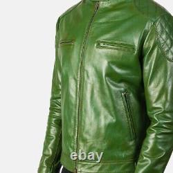 Custom Tailored Leather Jacket Men Biker Racer Lambskin Green Made to Measure