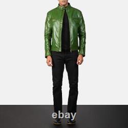 Custom Tailored Leather Jacket Men Biker Racer Lambskin Green Made to Measure