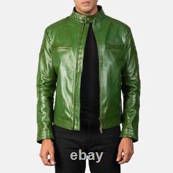 Custom Tailored Leather Jacket Men Biker Racer Lambskin Green Made to Measure