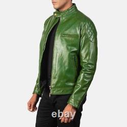 Custom Tailored Leather Jacket Men Biker Racer Lambskin Green Made to Measure