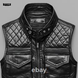 Handcrafted Men's Black MotoGP Leather Vest Leather Biker Waistcoat