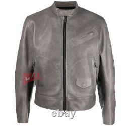 Handmade Men's Gray Color Genuine Cowhide Leather Fashion Biker Jacket Custom