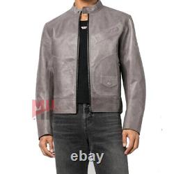 Handmade Men's Gray Color Genuine Cowhide Leather Fashion Biker Jacket Custom