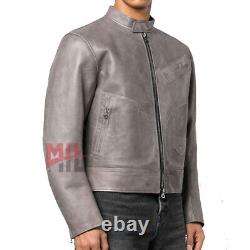 Handmade Men's Gray Color Genuine Cowhide Leather Fashion Biker Jacket Custom