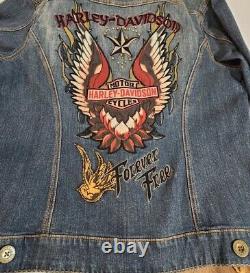 Harley-Davidson Forever Free Embroidered Appliqued Denim Jean Jacket Women's XL