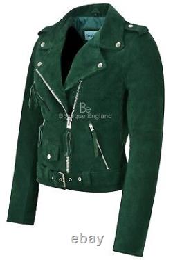 Ladies Brando Leather Jacket Green Suede Fitted Biker Motorcycle Style MBF