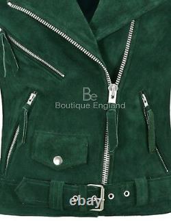 Ladies Brando Leather Jacket Green Suede Fitted Biker Motorcycle Style MBF