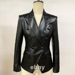 Ladies Slim Blazer Double-Breasted Leather Jacket Collar Trench Occident Suit Ne