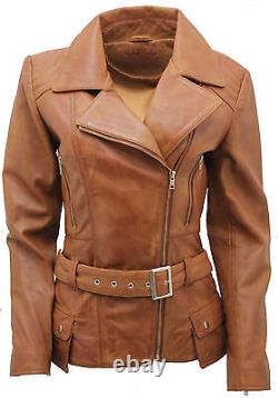 Ladies Tan Vintage Long Feminine Leather Biker Jacket