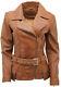 Ladies Tan Vintage Long Feminine Leather Biker Jacket