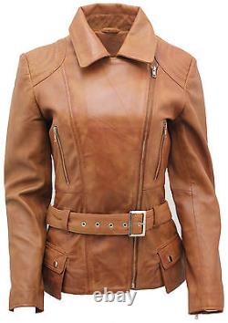 Ladies Tan Vintage Long Feminine Leather Biker Jacket