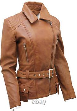 Ladies Tan Vintage Long Feminine Leather Biker Jacket