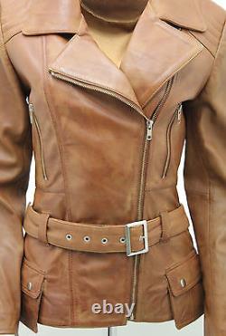 Ladies Tan Vintage Long Feminine Leather Biker Jacket