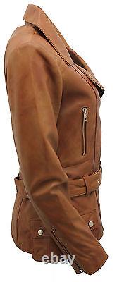 Ladies Tan Vintage Long Feminine Leather Biker Jacket