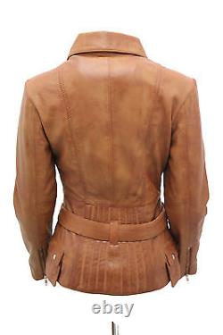 Ladies Tan Vintage Long Feminine Leather Biker Jacket