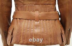 Ladies Tan Vintage Long Feminine Leather Biker Jacket