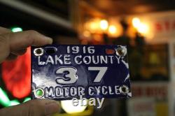 Lake County 1916 Tag Cobalt Motor Cycle License Plate Porcelain Metal Sign Bike