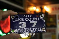 Lake County 1916 Tag Cobalt Motor Cycle License Plate Porcelain Metal Sign Bike