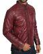 Latest Fitted Mens Burgundy Leather Biker Jacket Zip Up Casual Lambskin Coat New