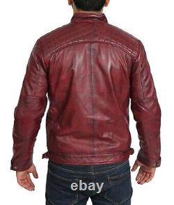 Latest Fitted Mens Burgundy Leather Biker Jacket Zip Up Casual Lambskin Coat NEW