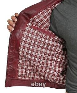 Latest Fitted Mens Burgundy Leather Biker Jacket Zip Up Casual Lambskin Coat NEW