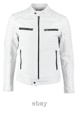 Latest Men's Lambskin Leather Jacket Motorcycle Soft White Biker Slim Fit Jacket