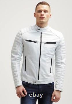 Latest Men's Lambskin Leather Jacket Motorcycle Soft White Biker Slim Fit Jacket