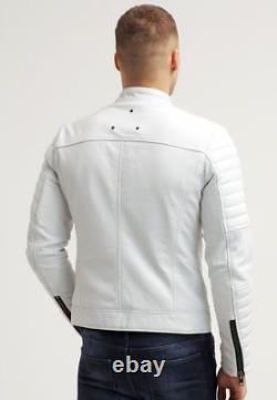 Latest Men's Lambskin Leather Jacket Motorcycle Soft White Biker Slim Fit Jacket