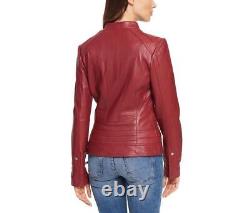 Leather Jacket Size Women's Coat Women Moto Biker Vintage Soft Bomber Red 17