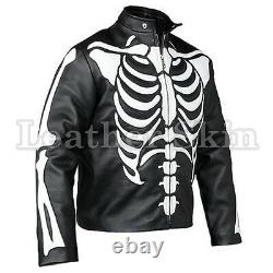 Leather Skin Men Black Skeleton Biker Motorcycle Racing Genuine Leather Jacket
