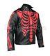 Men Black Skeleton Biker Motorcycle Racing Genuine Leather Jacket Red Skeleton