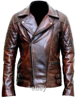 Men Gents Style Biker Motorcycle Brown Distressed Racer Real Leather Jacket