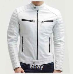 Men Genuine Lambskin Real Leather Biker Motorcycle White Classic Jacket Slim Fit