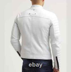 Men Genuine Lambskin Real Leather Biker Motorcycle White Classic Jacket Slim Fit