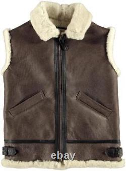 Men's Aviator Brown Sleeveless RAF B3 Bomber Shearling Real Sheep Leather Vest