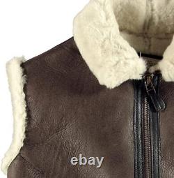 Men's Aviator Brown Sleeveless RAF B3 Bomber Shearling Real Sheep Leather Vest