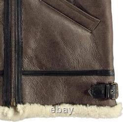 Men's Aviator Brown Sleeveless RAF B3 Bomber Shearling Real Sheep Leather Vest