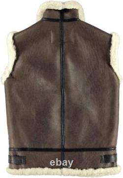 Men's Aviator Brown Sleeveless RAF B3 Bomber Shearling Real Sheep Leather Vest