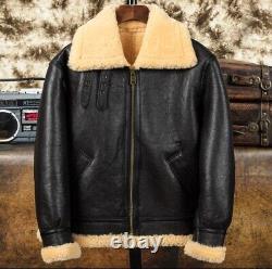 Men's Aviator RAF B3 Fur Shearling Leather Bomber Flying Jacket Coat Black