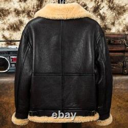 Men's Aviator RAF B3 Fur Shearling Leather Bomber Flying Jacket Coat Black