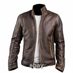 Men's Biker Cafe Racer Vintage Motorcycle Distressed Brown Leather Jacket