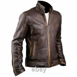 Men's Biker Cafe Racer Vintage Motorcycle Distressed Brown Leather Jacket