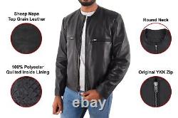 Men's Black Biker Fashion Leather Jacket Napa Retro Collarless Style Jacket