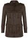 Men's Brown Leather Parka Coat Safari Casual Multi-pocket Trench Reefer Jacket